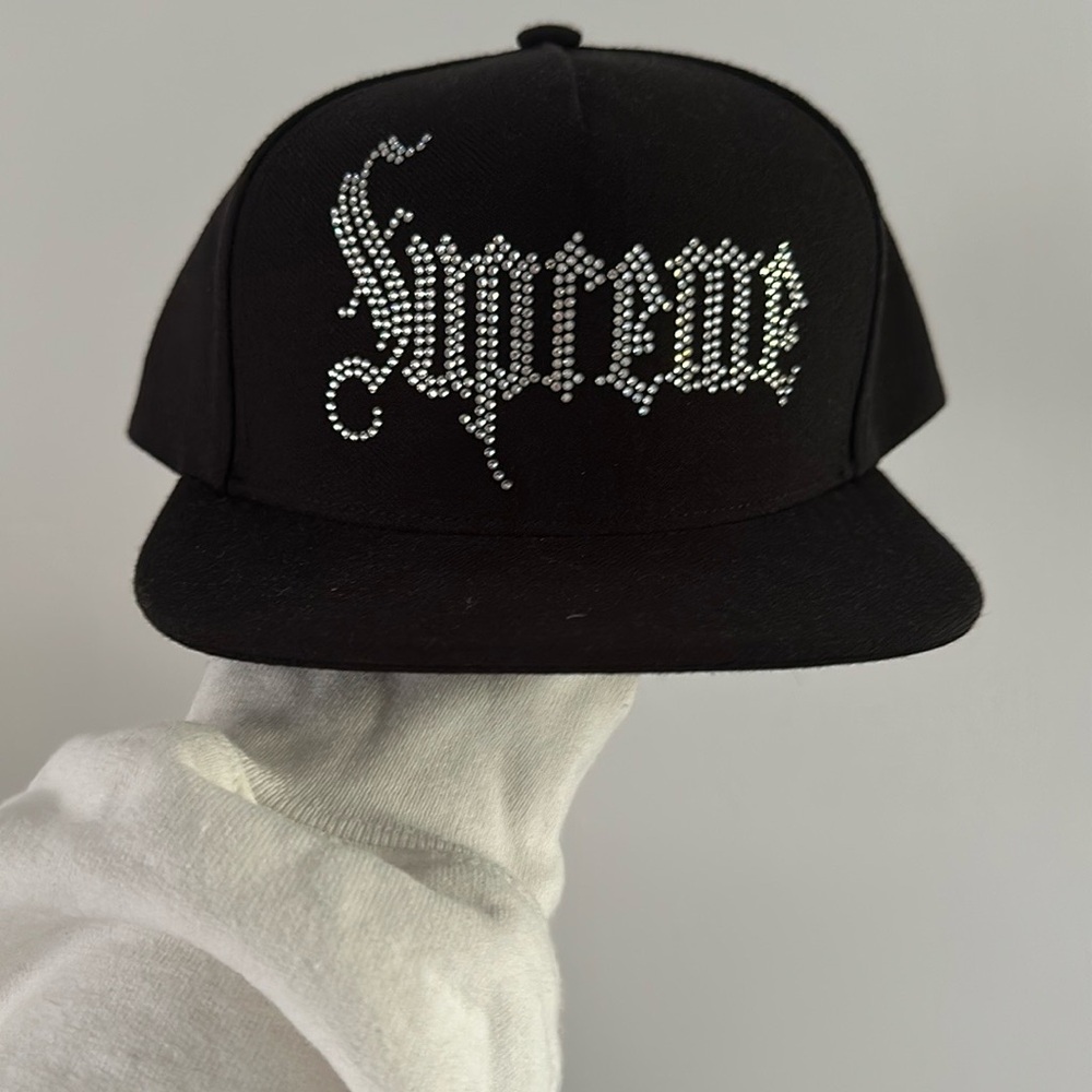 Supreme Black Cap with Rhinestone Logo. Old english. Always Authentic Supreme